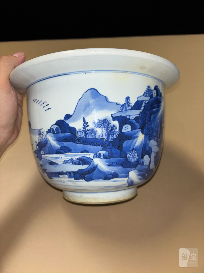 清康熙 青花山水人物纹花盆 - 图3